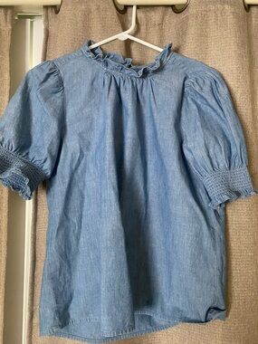 J.Crew Light Blue Chambray Ruffle Neck Puff Sleeve Top